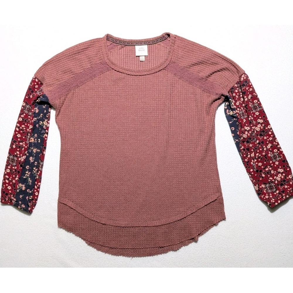 Knox Rose Waffle Knit Top Womens Large Boho Floral Sleeve Cottagecore Pink